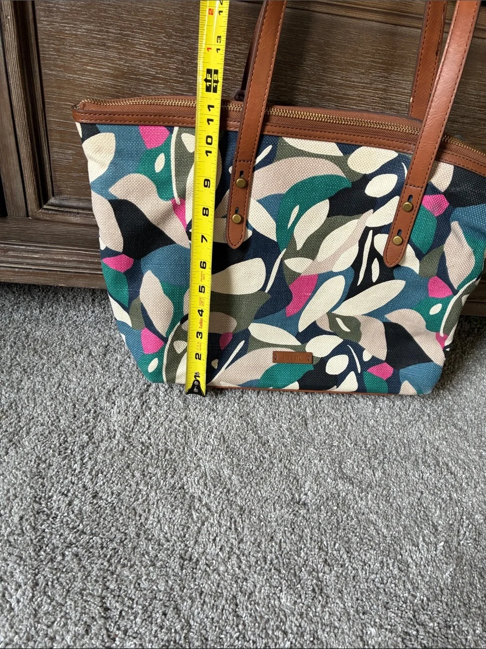 Fossil Canvas Tote in Multicolor Leaf Print with Tan Leather Handles